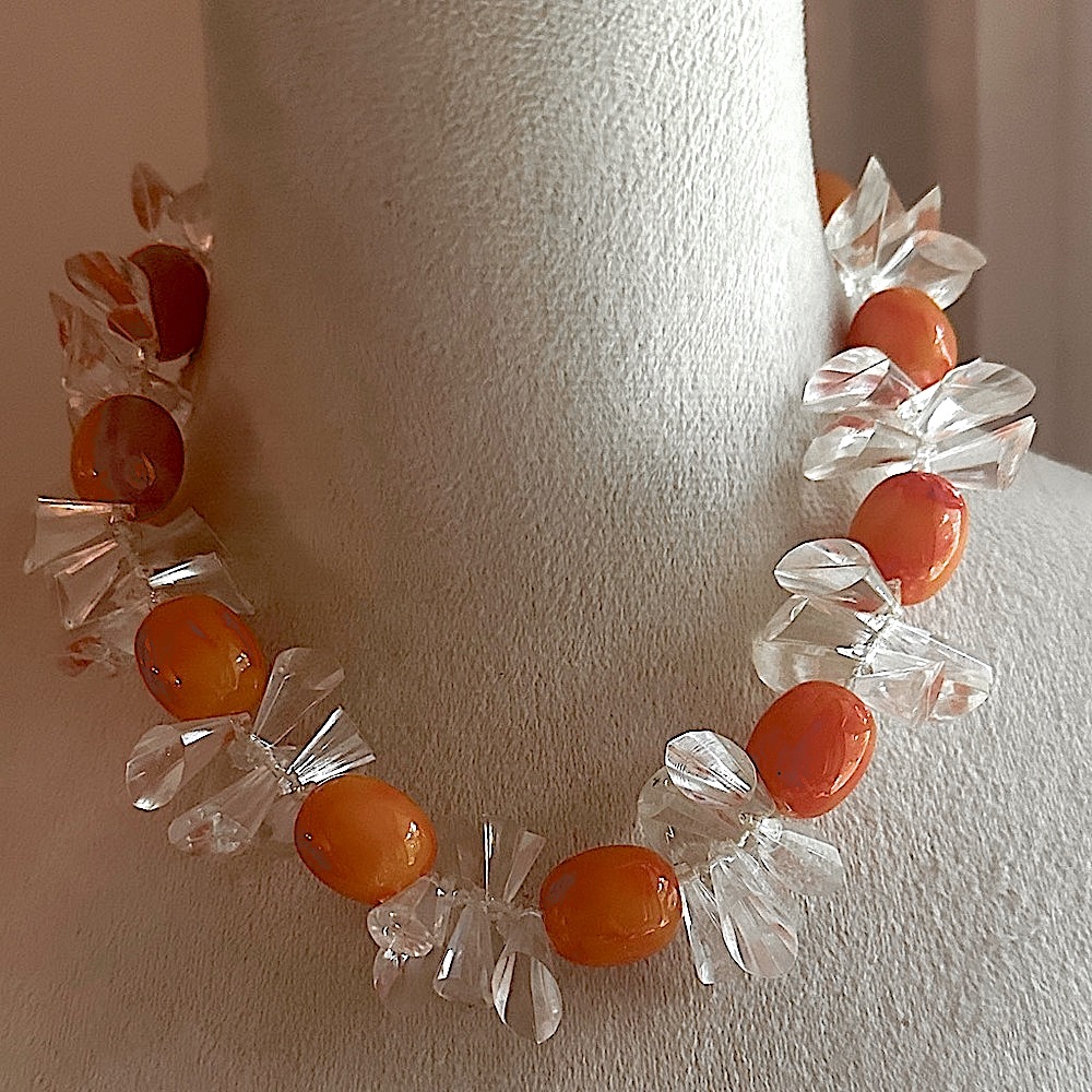 Vintage Maximalist Acrylic Orange and Clear Gem-Cut Plastic Necklace